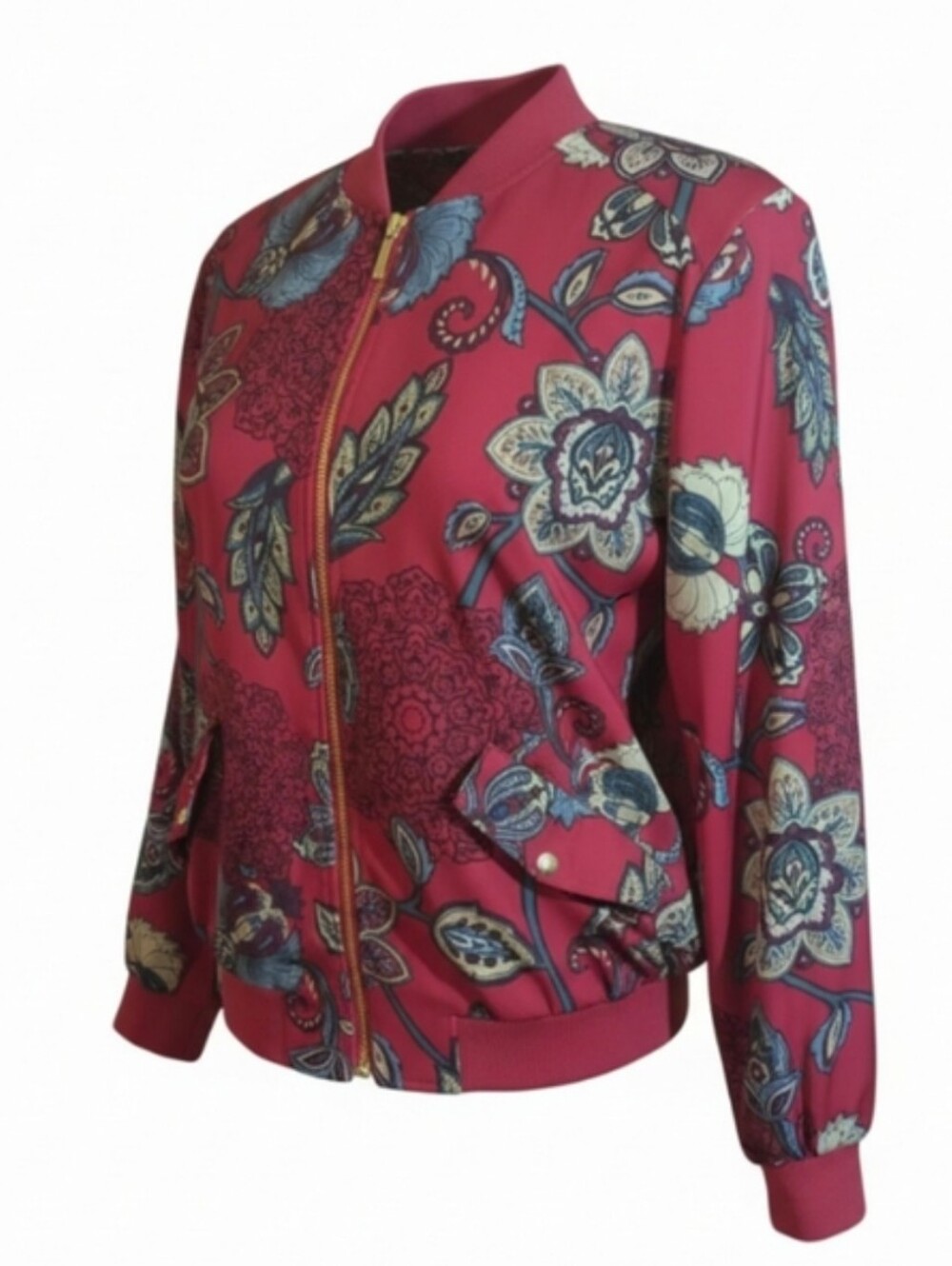 Susan Graver Wine Dark Jewel Tones Floral Zip Up Bomber Jacket Peach skin Sz S